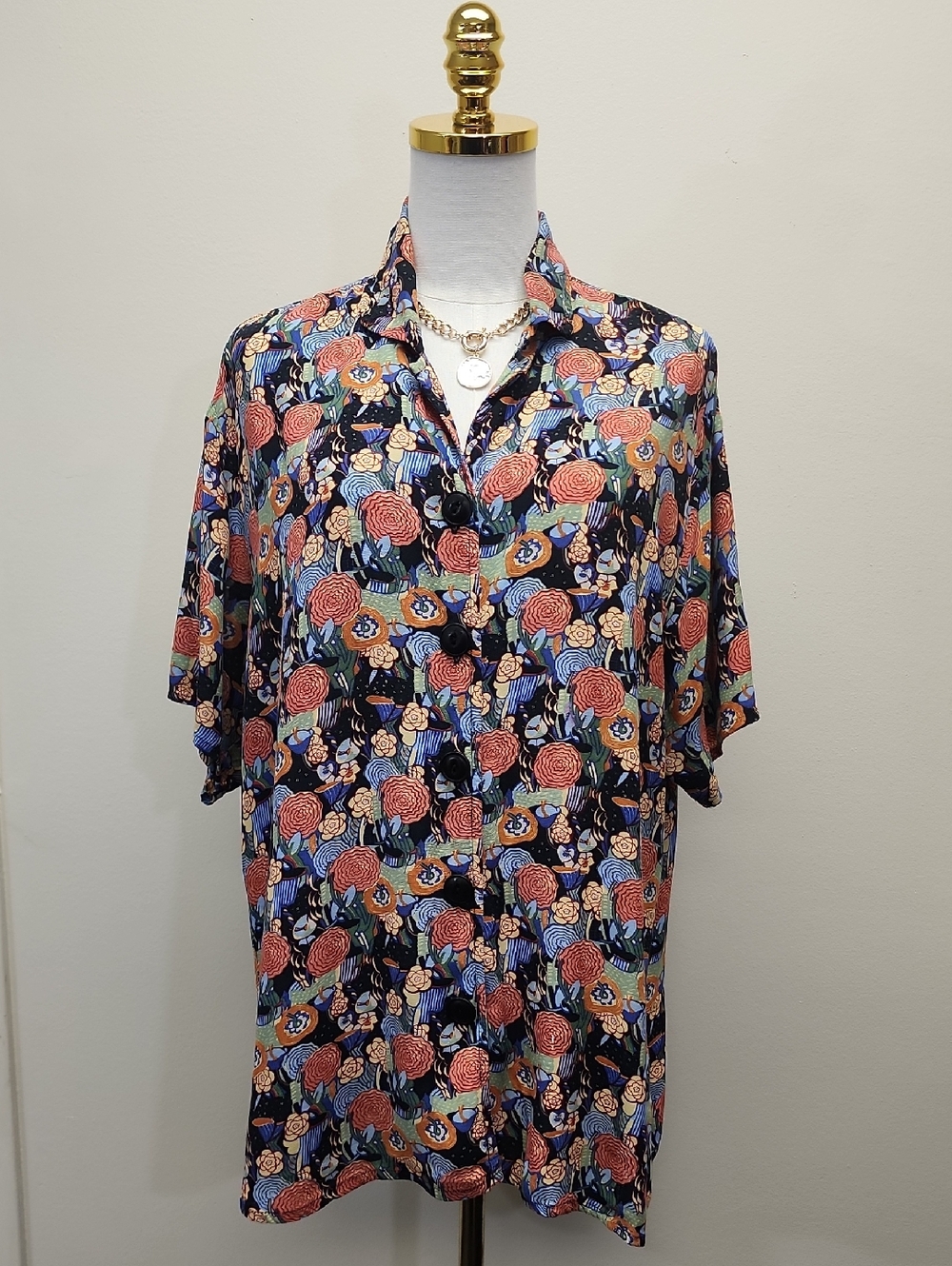Flax Floral Rayon Button Front Shirt Lagenlook Artsy Relaxed Fit Size Large